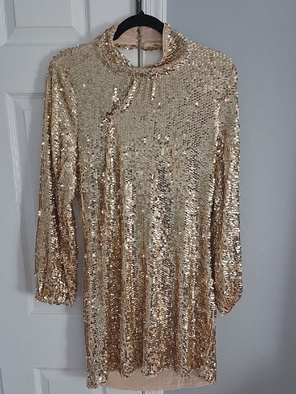 Flawless Gold Sequin Mock Neck Open Drape Back Cocktail Dress L